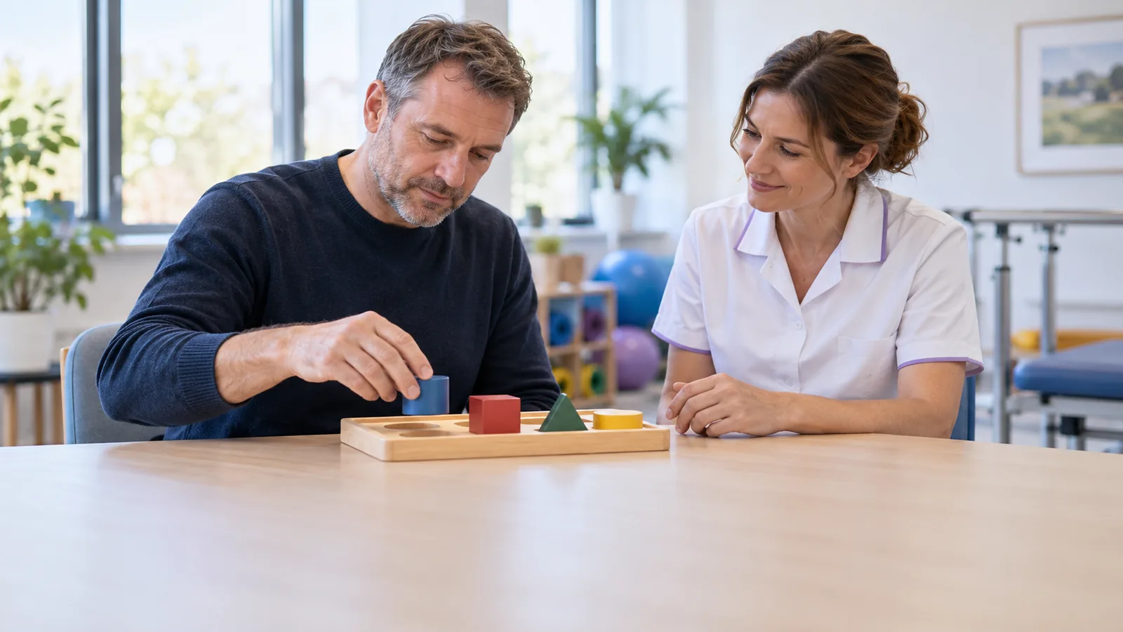 Illustrative rehabilitation session with an adult practising a simple hand-coordination task