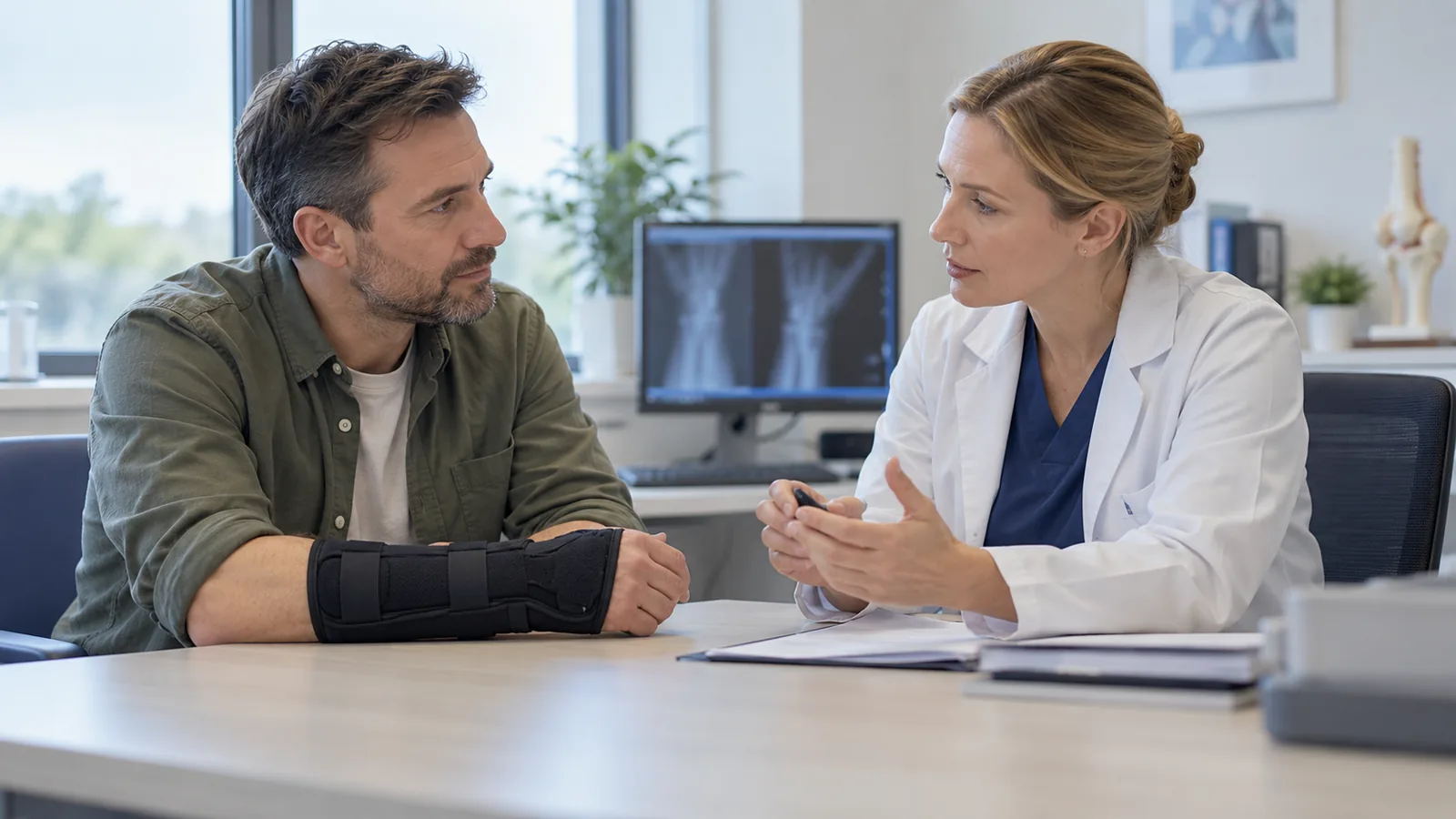 Illustrative orthopaedic consultation with an adult wearing a forearm brace