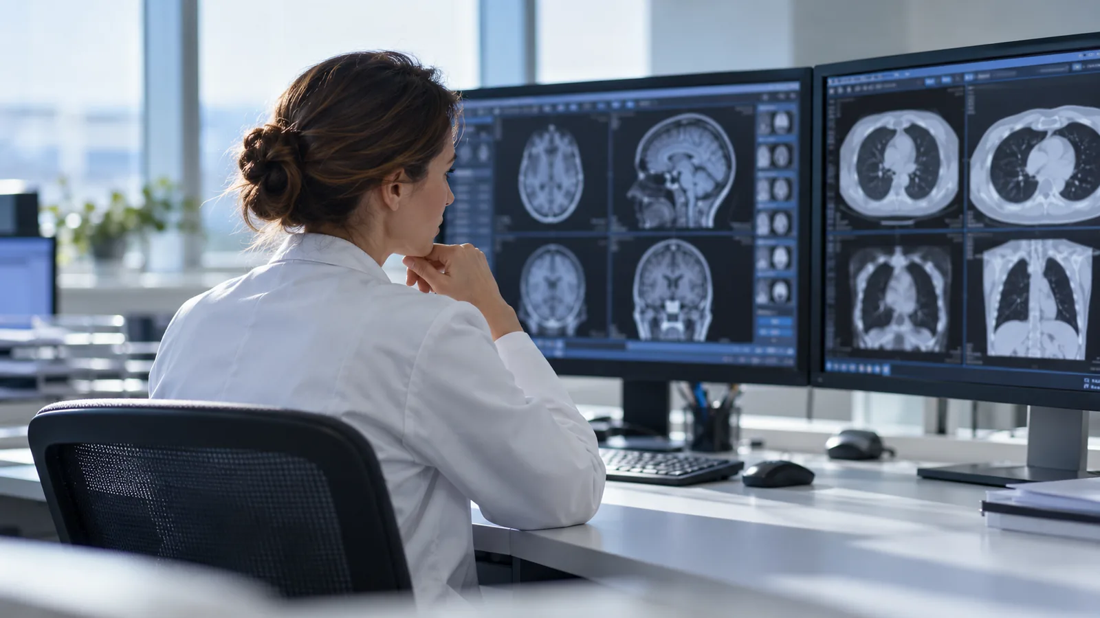 Illustrative radiologist reviewing medical imaging at a workstation