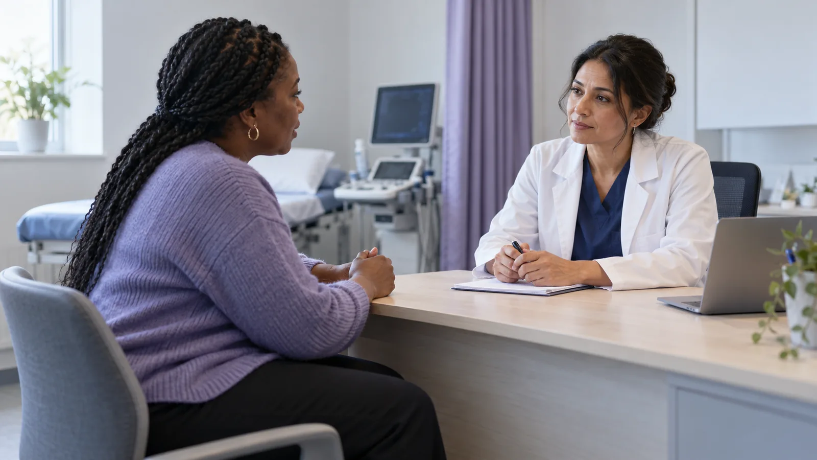 Illustrative women’s health consultation with an adult patient and a female clinician