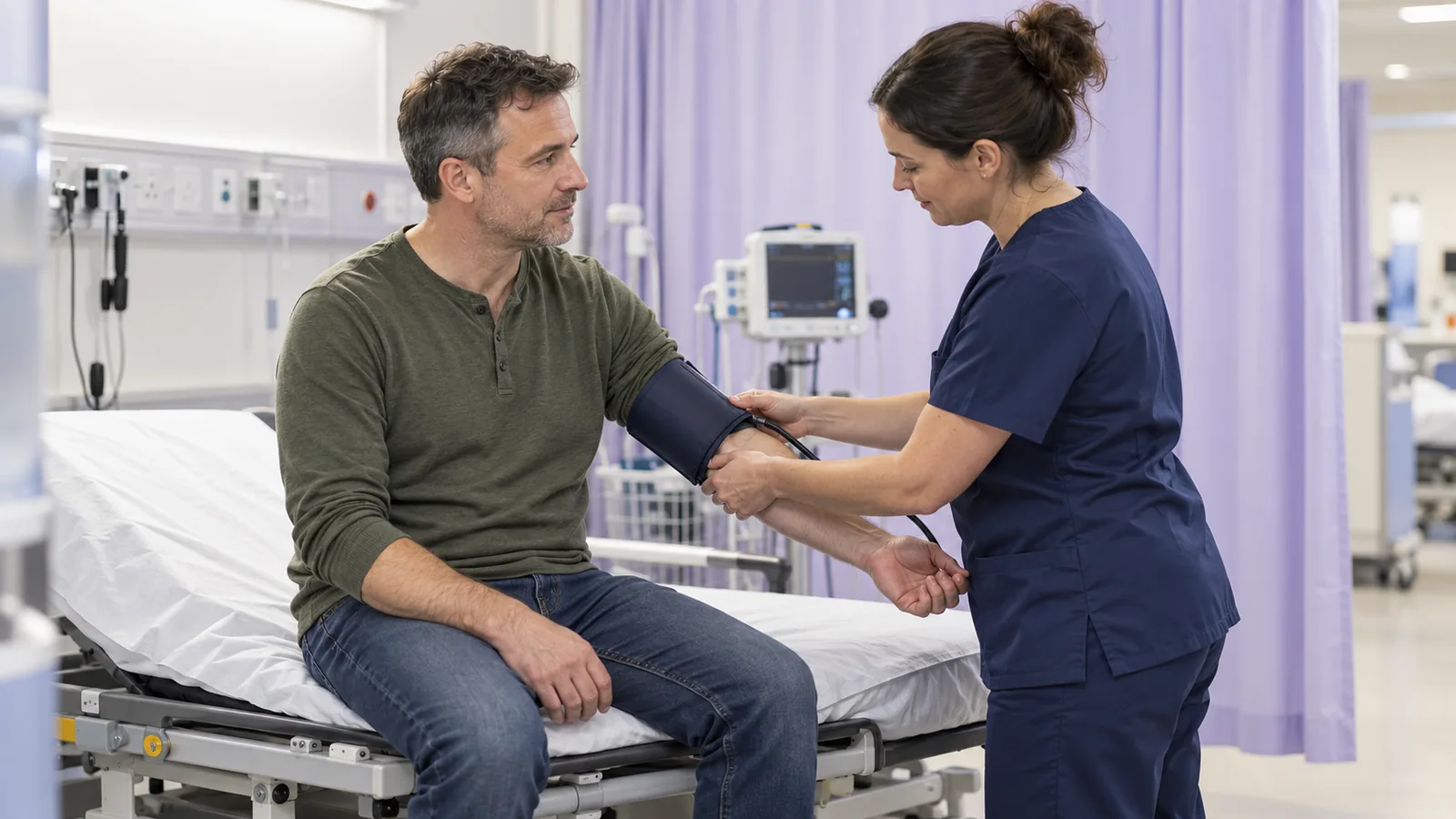 Illustrative A&E assessment with a nurse checking an adult patient’s blood pressure