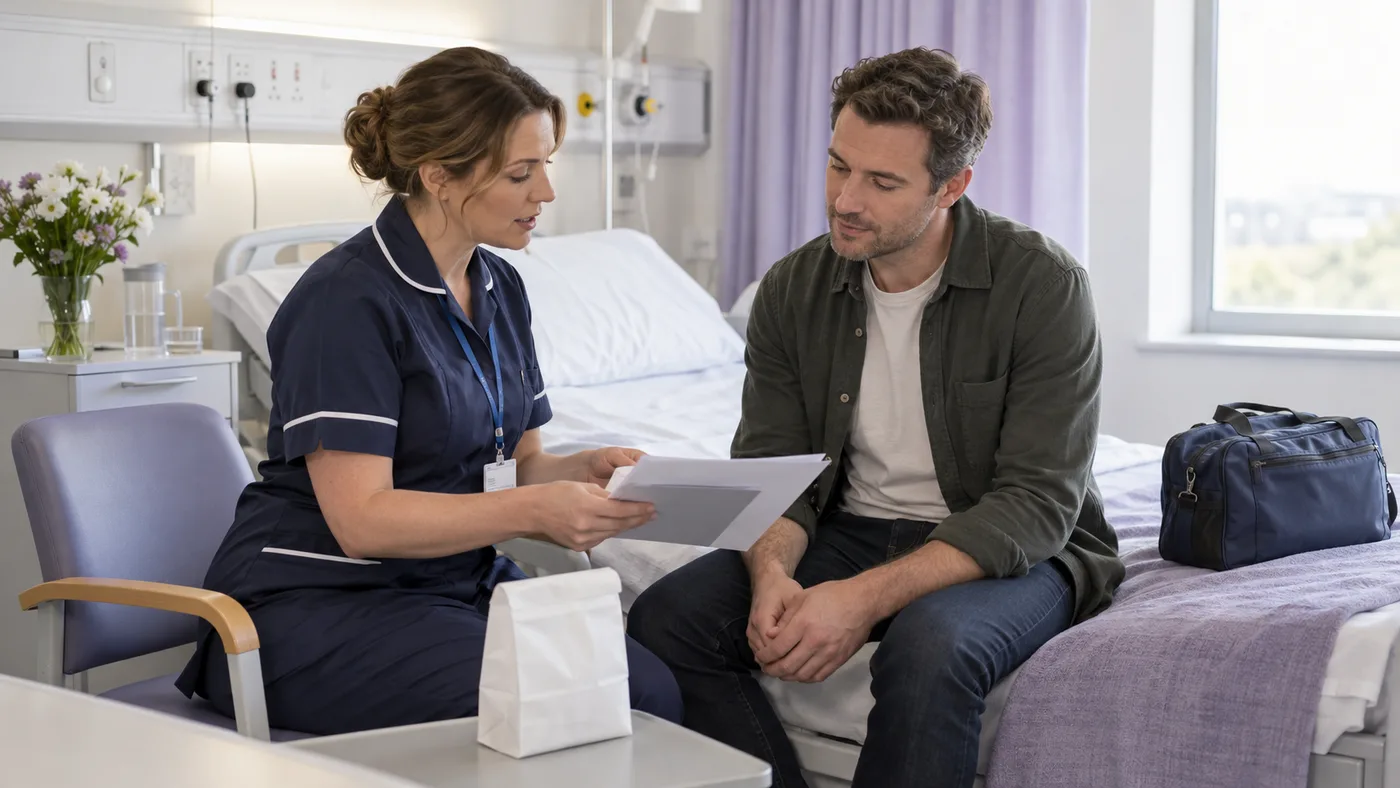 Illustrative nurse going through discharge information with an adult patient on a hospital ward