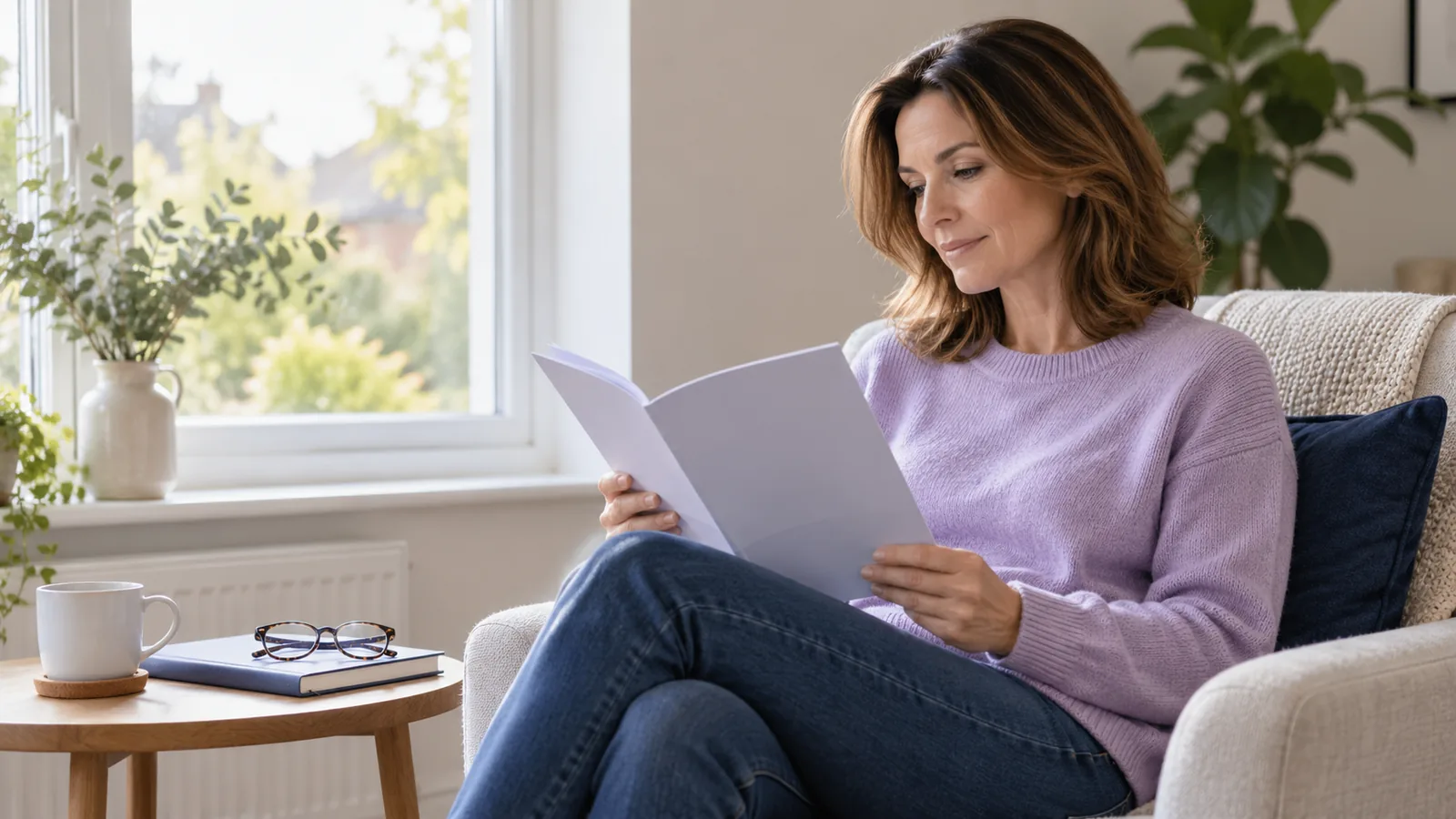 Illustrative adult reading practical guidance in a calm home setting