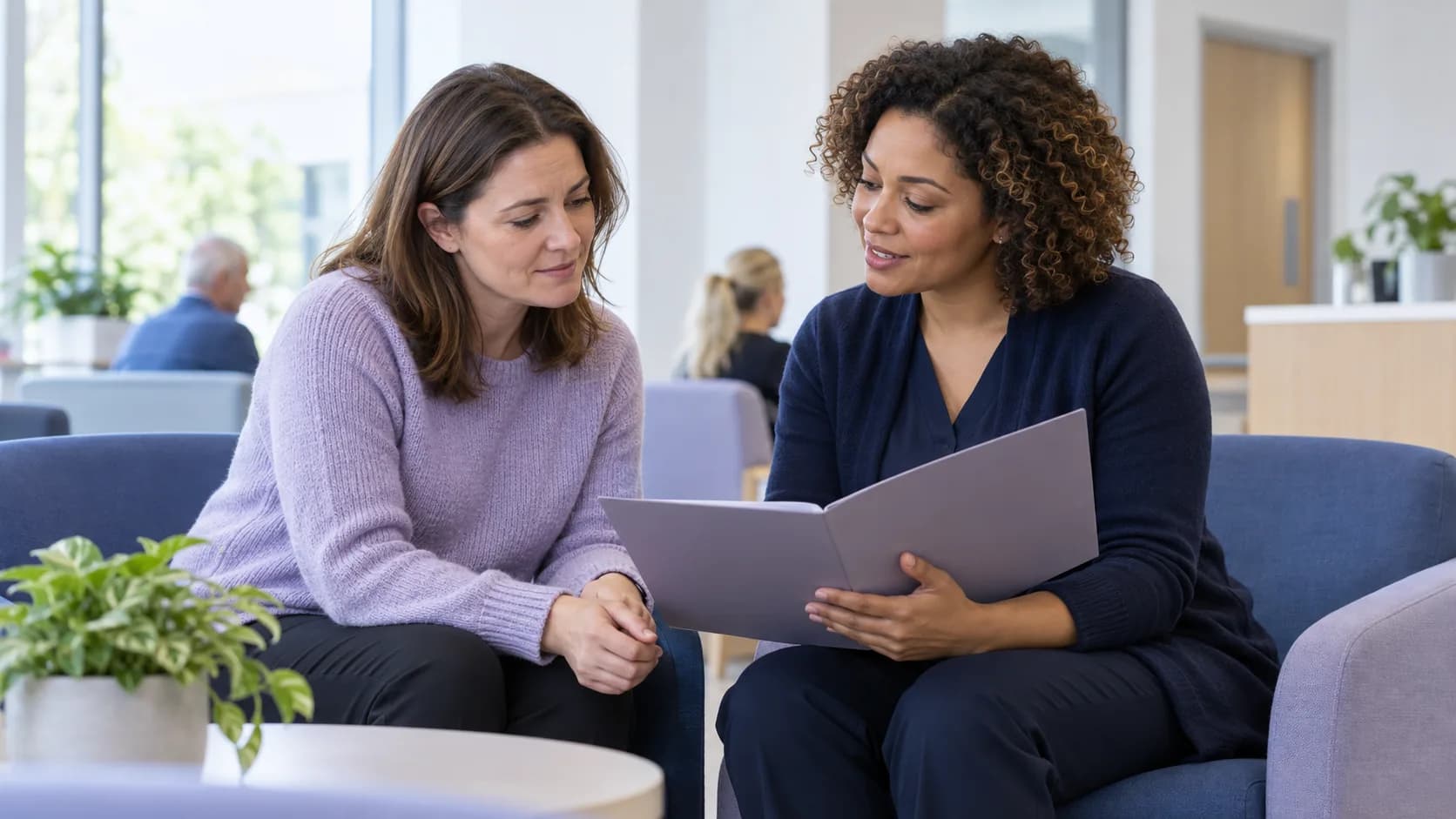 Illustrative patient receiving support from a hospital patient liaison adviser